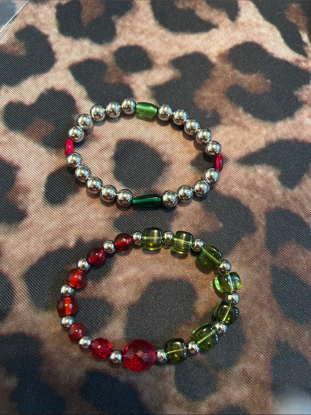 Hand Crafted Red & Green Beaded Stretch Bracelet Set